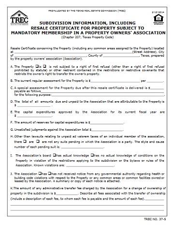 Subdivision Information, Including Resale Certificate for Property Subject to Mandatory Membership in a Property Owners' Association