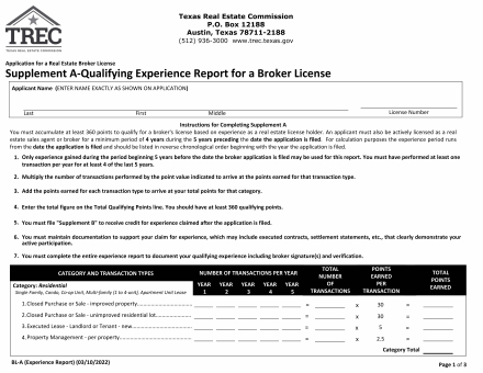 Supplement A-Qualifying Experience Report for a Broker License