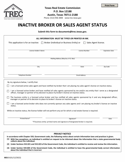 Application for Inactive Broker or Sales Agent Status