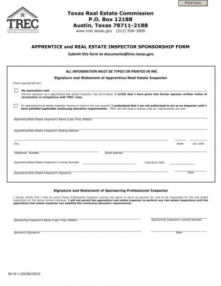 Apprentice and Real Estate Inspector Sponsorship Form
