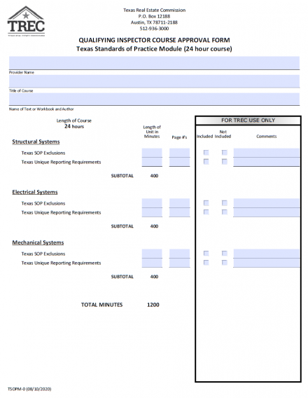 Inspector Course Approval Form (Texas Standards of Practice Module)