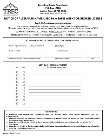 Notice of Alternate Name Used by a Sales Agent or Broker License