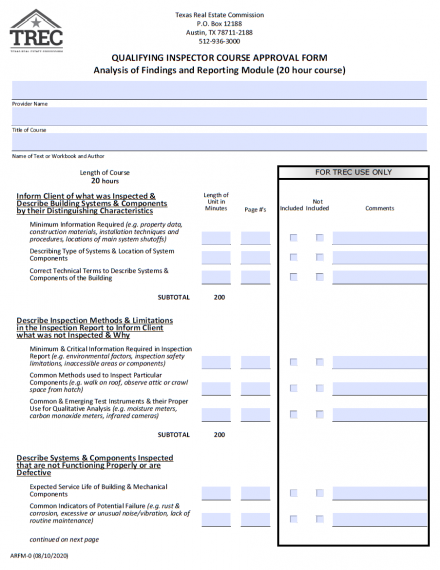 Inspector Course Approval Form (Analysis of Findings and Reporting Module)