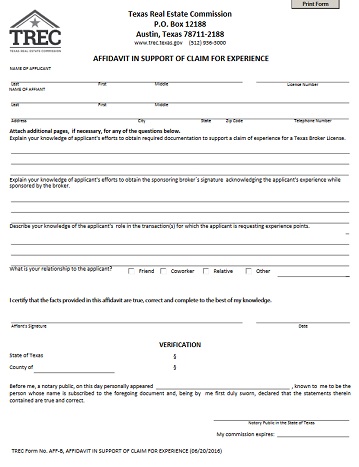 Affidavit in Support of Claim for Experience | TREC