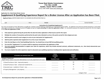 Supplement B-Qualifying Experience Report for a Broker License After an Application has been Filed