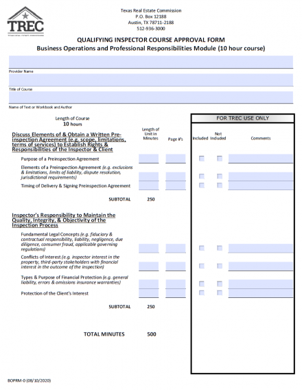 Inspector Course Approval Form (Business Operations and Professional Responsibilities Module)