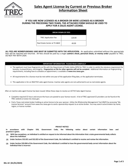 Application for Real Estate Sales Agent License by Current or Previous Broker