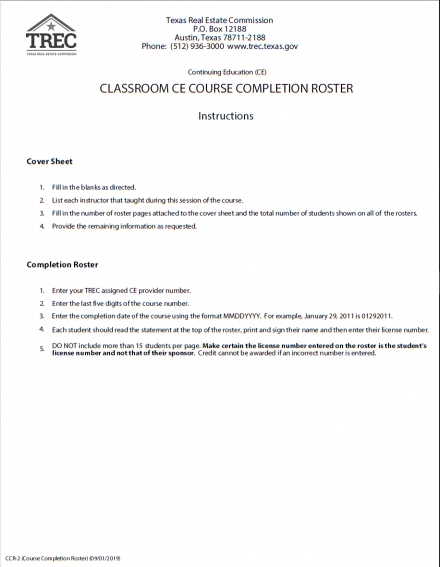 Classroom CE Course Completion Roster