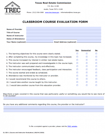 Classroom Course Evaluation Form