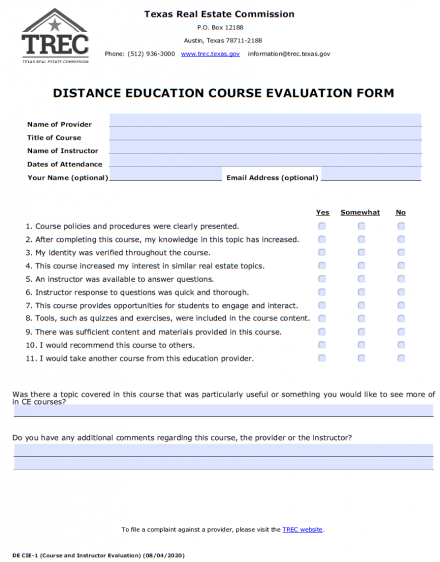 Distance Education Course Evaluation Form