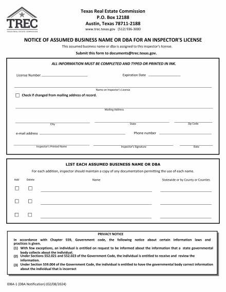 Notice of Assumed Business Name or DBA for an Inspector's License