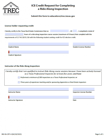 ICE Credit Request for Completing a Ride Along Inspection | TREC