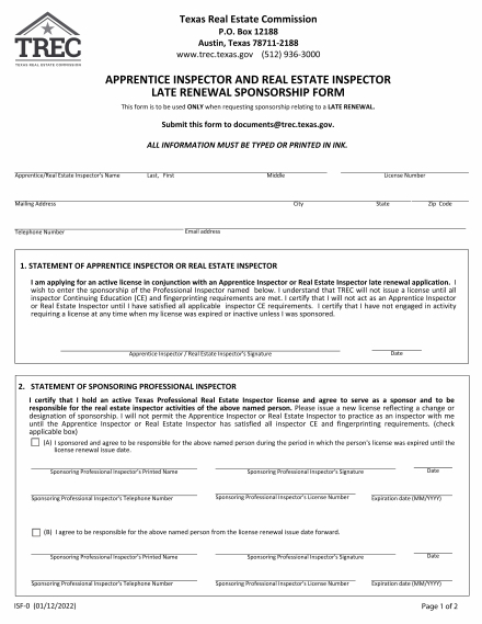 Apprentice Inspector and Real Estate Inspector Late Renewal Sponsorship Form