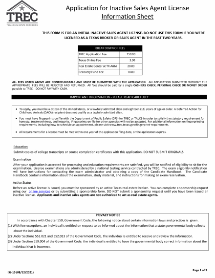 Application for Inactive Real Estate Sales Agent License