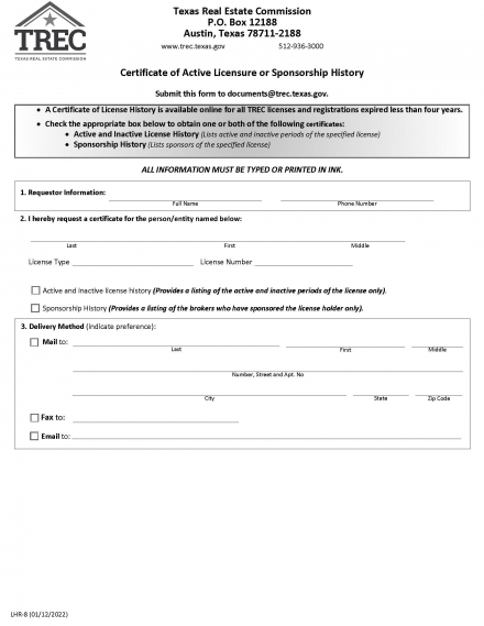 Request for Certificate of Active Licensure or Sponsorship History