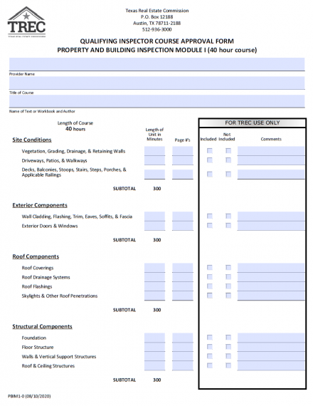 Inspector Course Approval Form (Property and Building Inspection Module I)