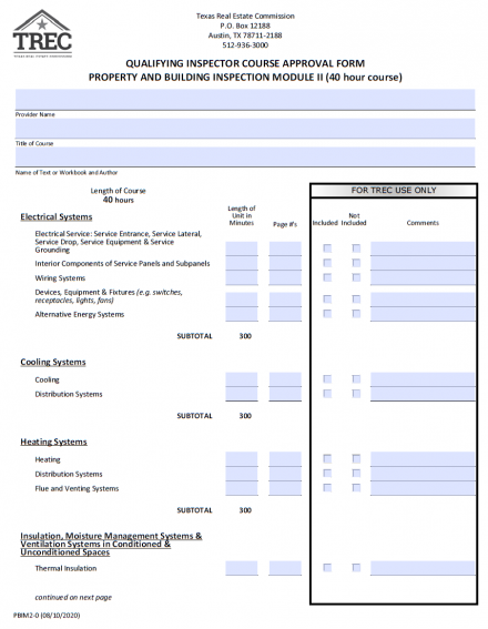 Inspector Course Approval Form (Property and Building Inspection Module II)