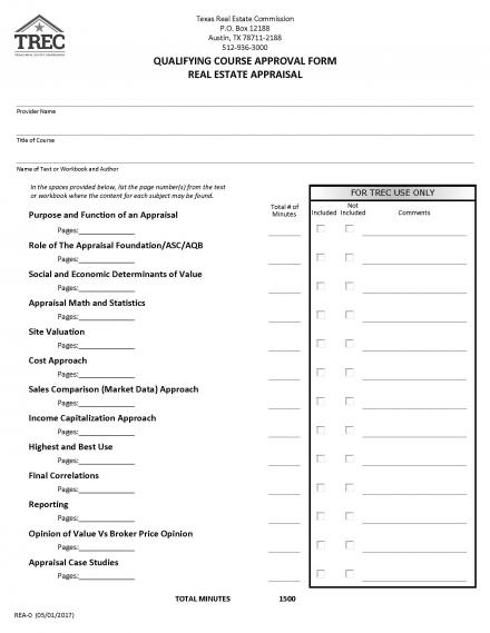 Qualifying Real Estate Course Approval Form (Real Estate Appraisal - 30 hour course) 