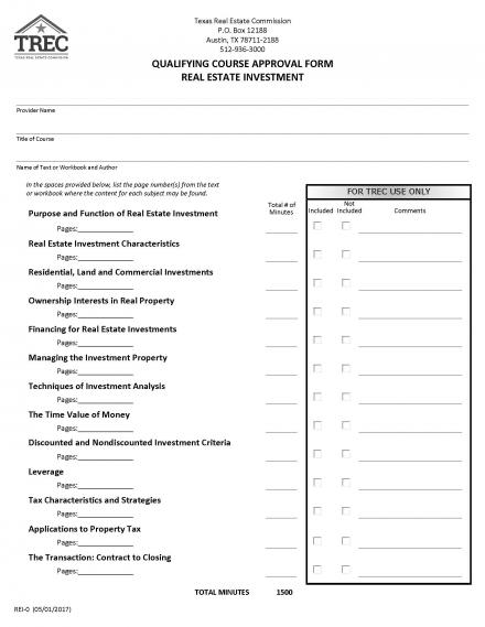 Qualifying Real Estate Course Approval Form (Real Estate Investment - 30 hour course)