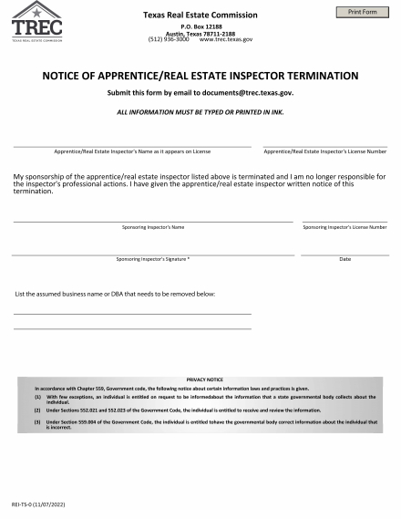 Notice of Apprentice/Real Estate Inspector Termination