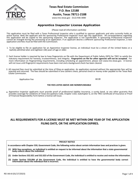 Application for Apprentice Inspector License