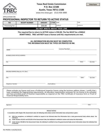Application for Inspector to Return to Active Status