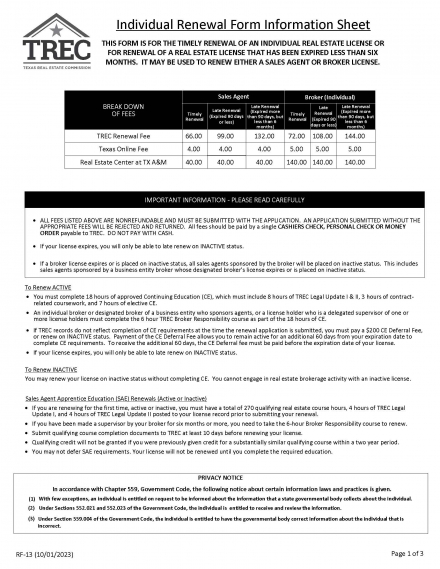 Renewal of Individual Real Estate License-Timely or Expired Less Than Six Months