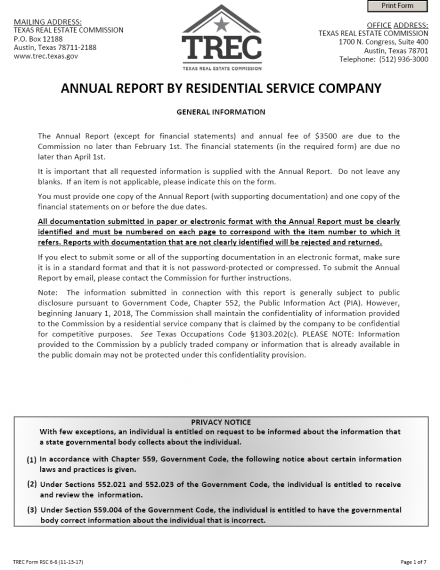 Annual Report By Residential Service Company Trec