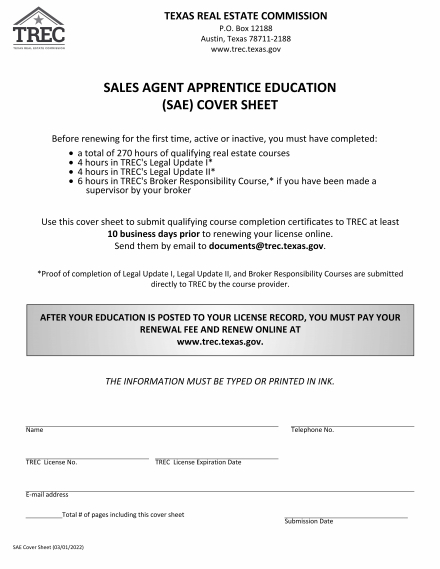 Sales Agent Apprentice Education (SAE) Cover Sheet