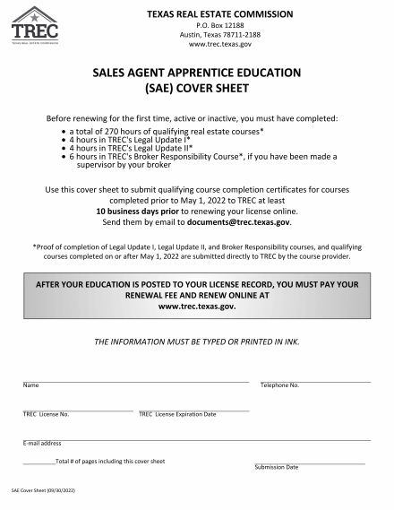 Sales Agent Apprentice Education (SAE) Cover Sheet