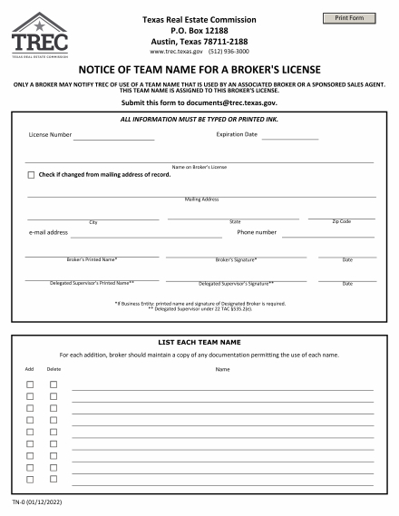 Notice of Team Name for a Broker's License