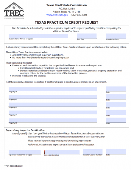 Texas Practicum Credit Request