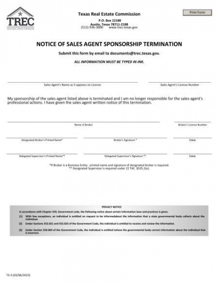 Notice of Sales Agent Sponsorship Termination 