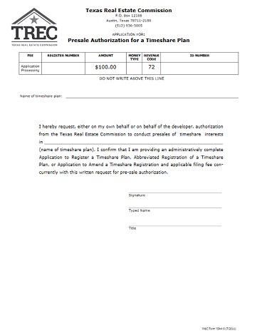 Presale Authorization for a Timeshare Plan