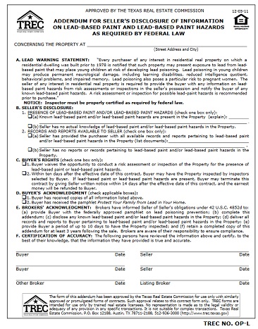 Addendum for Seller's Disclosure of Information on Lead-Based Paint and Lead-Based Paint Hazards as Required by Federal Law