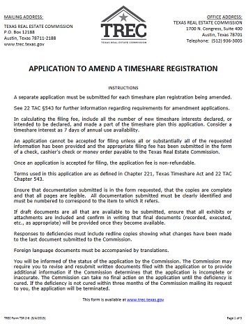 Application to Amend a Timeshare 