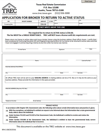 Application for Broker to Return to Active Status