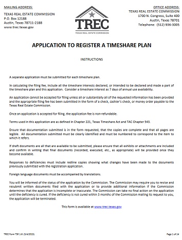 Application to Register a Timeshare Plan