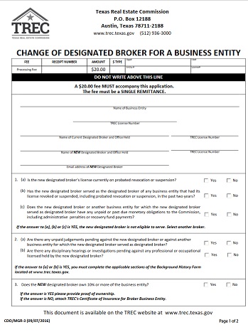 Change of Designated Broker for a Business Entity | TREC